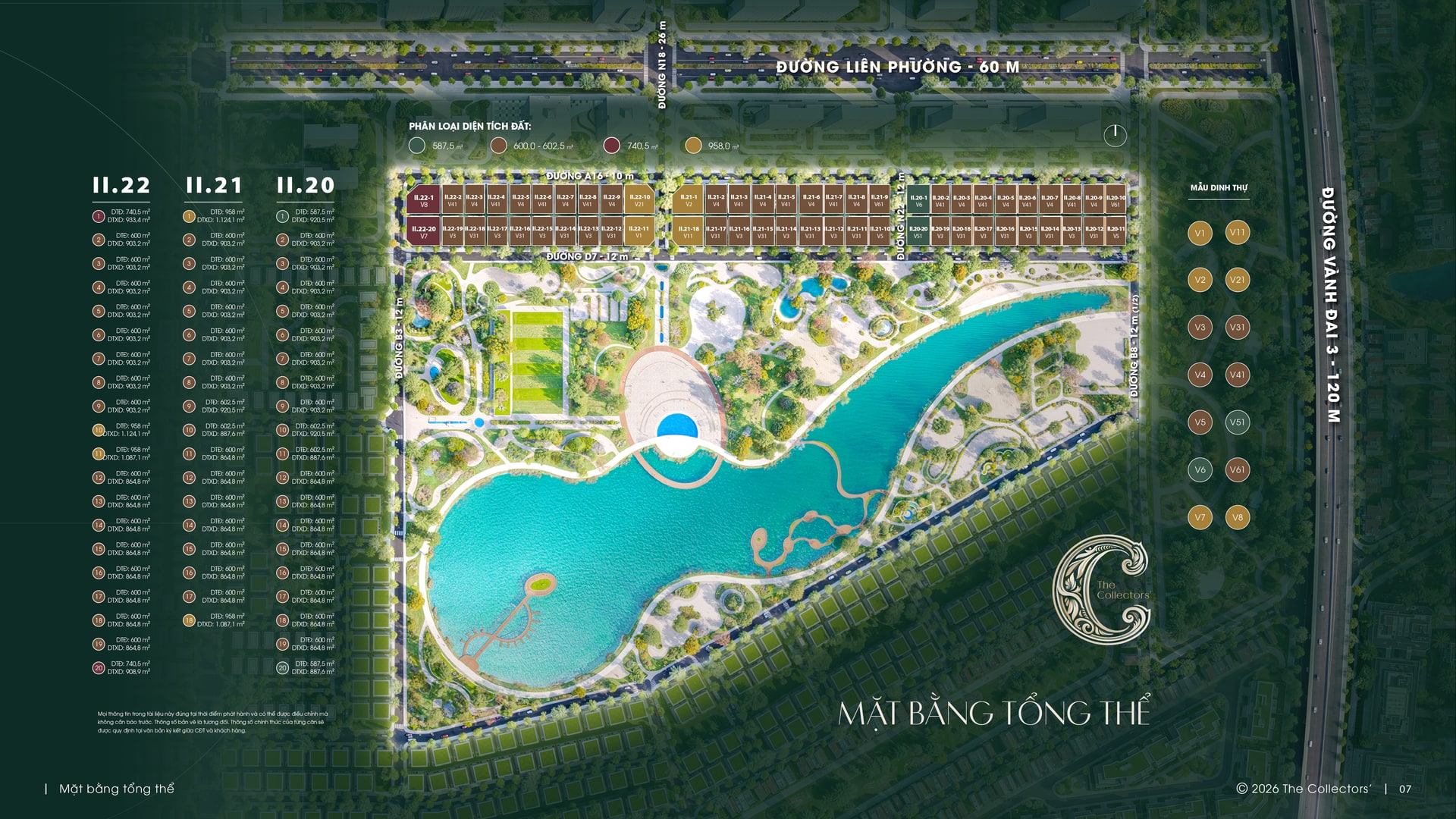 Mặt bằng tổng thể 58 dinh thự với 14 mã thiết kế tại các lô II.20, II.21 và II.22